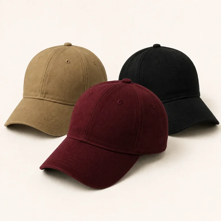 Beige, burgundy and black baseball caps with curved visors