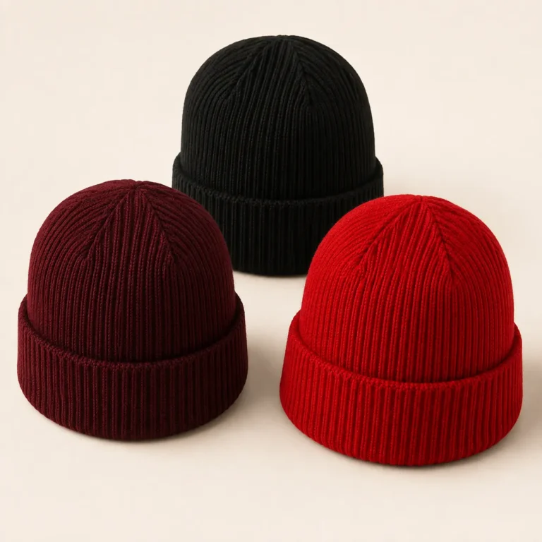 Black, burgundy and red ribbed knit beanies with folded cuffs