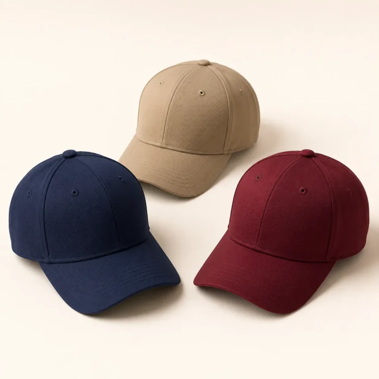 Navy, khaki and burgundy caps with curved brims