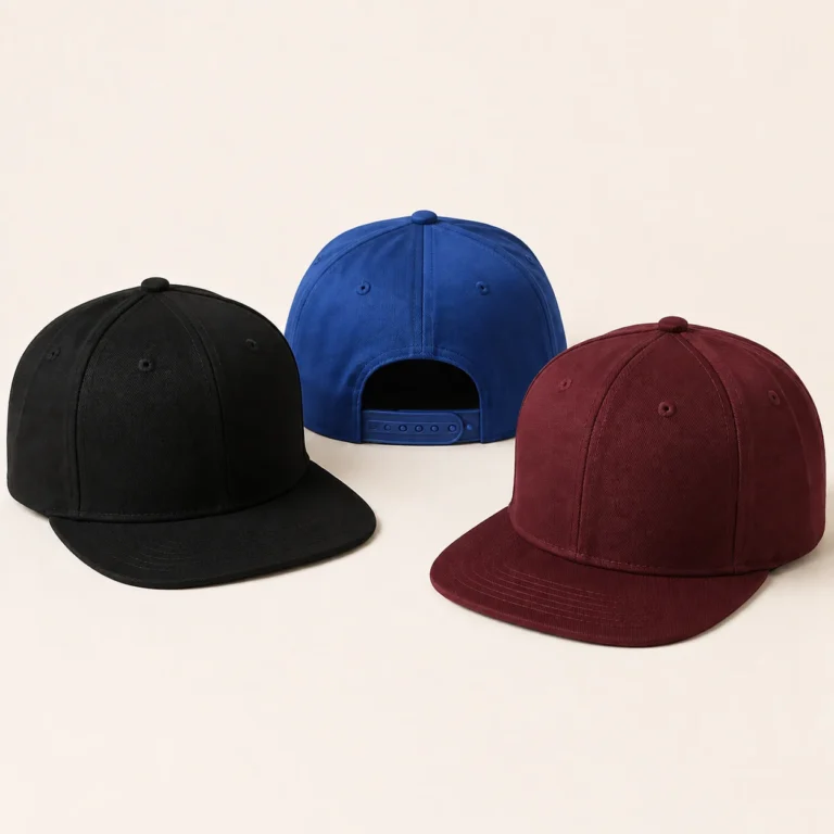 Black, blue and burgundy snapback caps with flat visors
