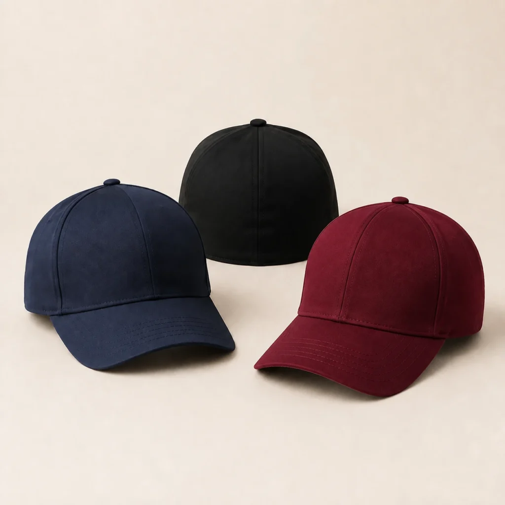 Unbranded navy, black and burgundy closed-back cap design references with curved visors