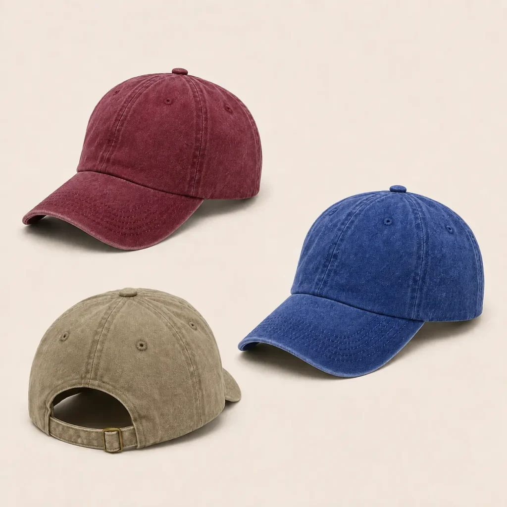 Burgundy, blue and khaki washed caps with faded cotton finishes and a buckle closure