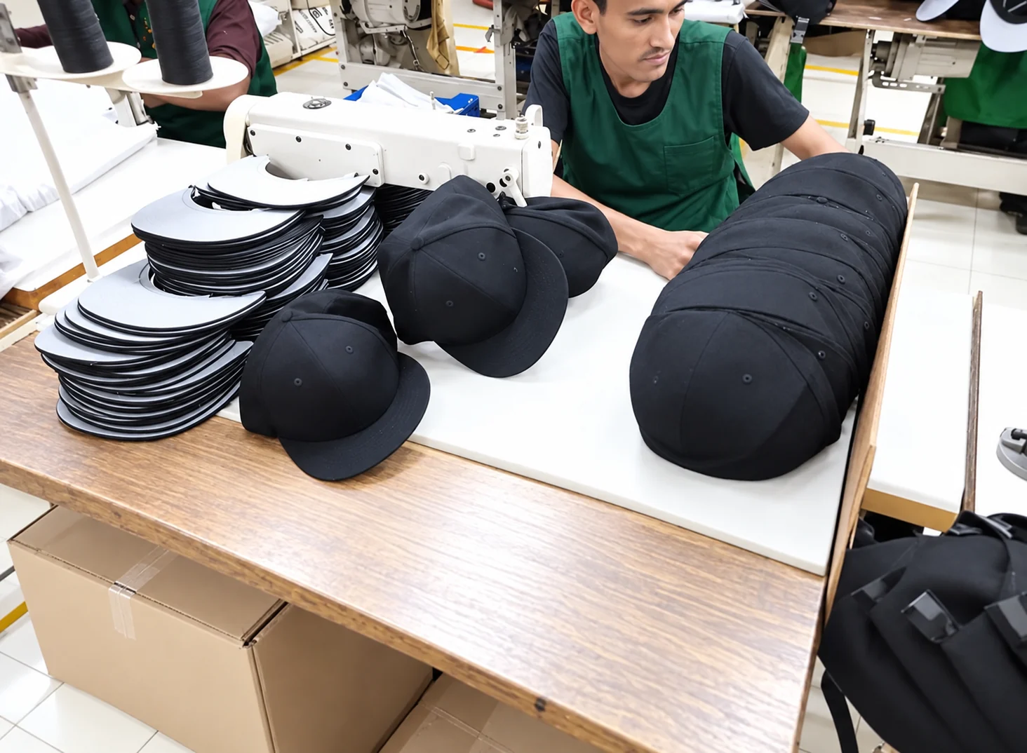Worker in a green apron assembling black caps and visors at a sewing workstation
