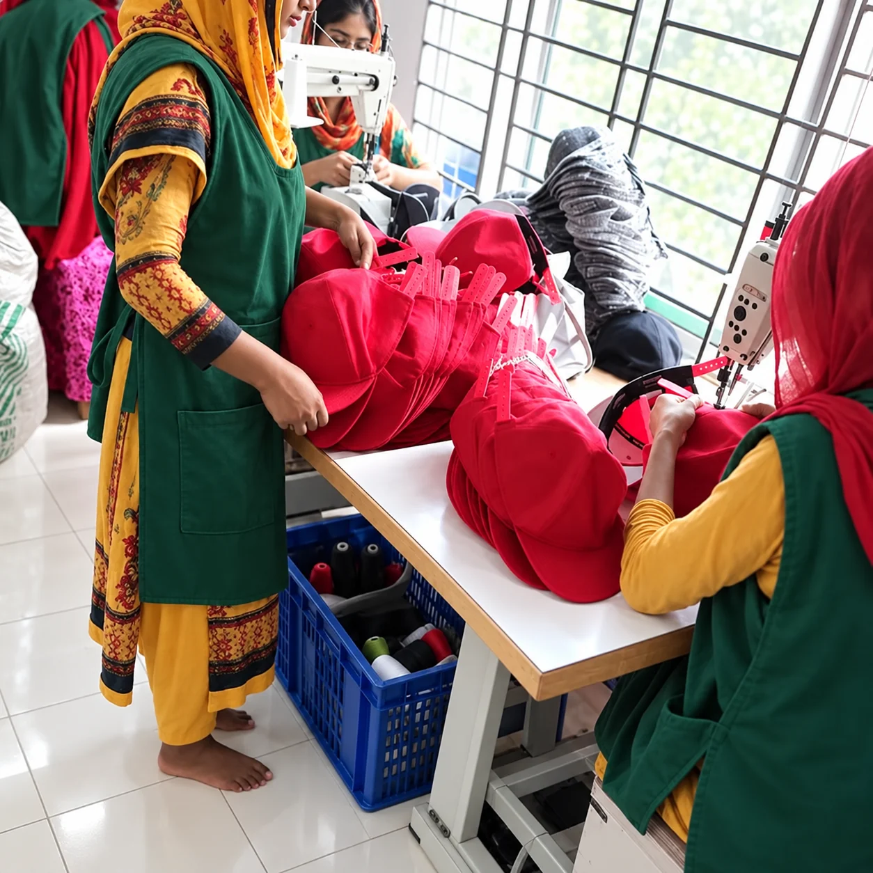 Workers in green aprons sewing red cap closures at the Wenext Caps factory
