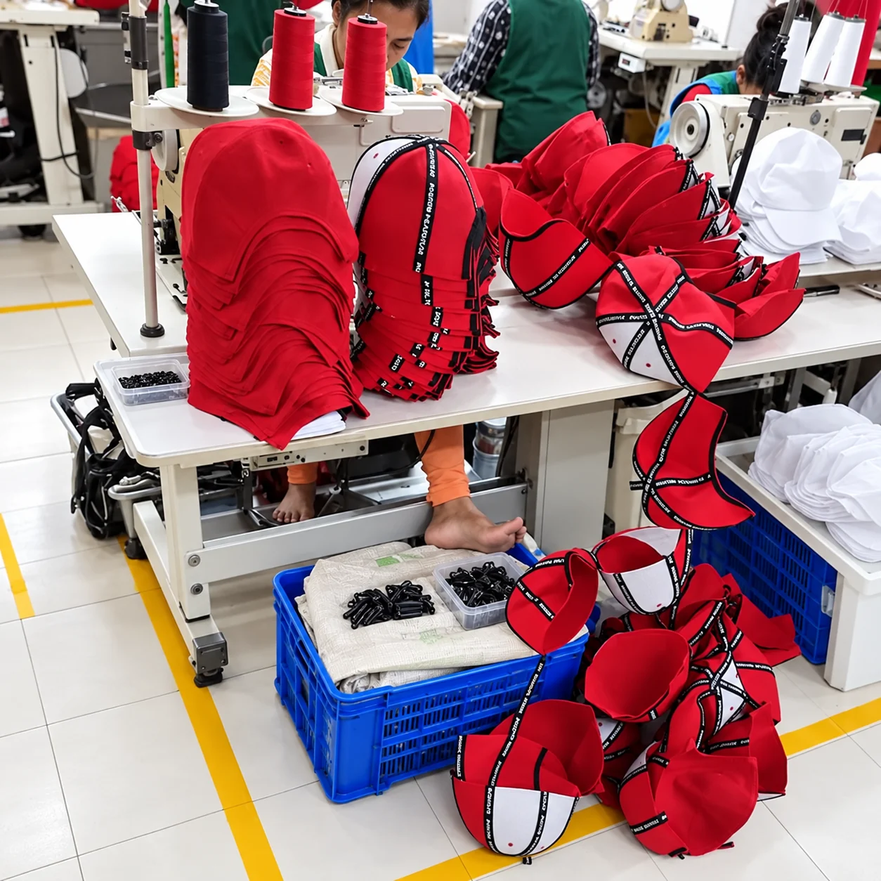 Red cap components at an organized seam taping workstation with green uniformed workers