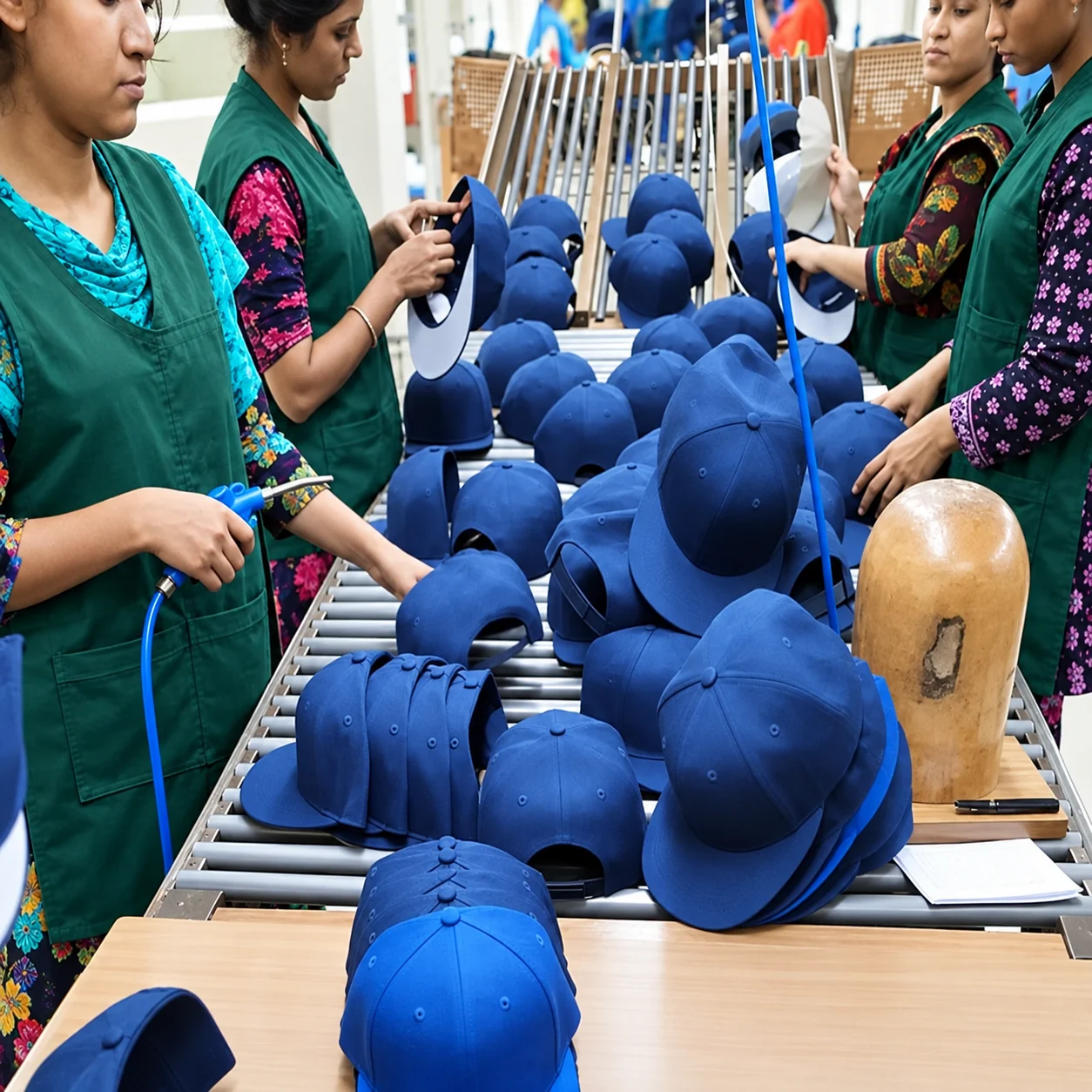 Workers in green aprons inspecting blue caps on the Wenext Caps production line
