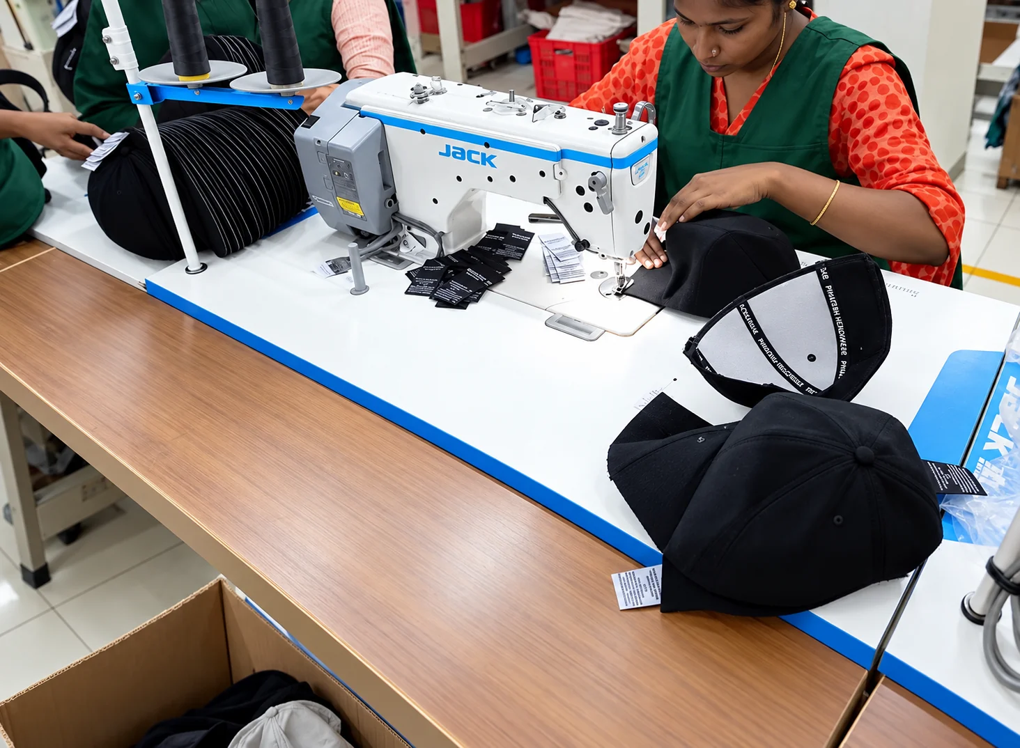 Worker in a green apron sewing black private label caps at a factory workstation