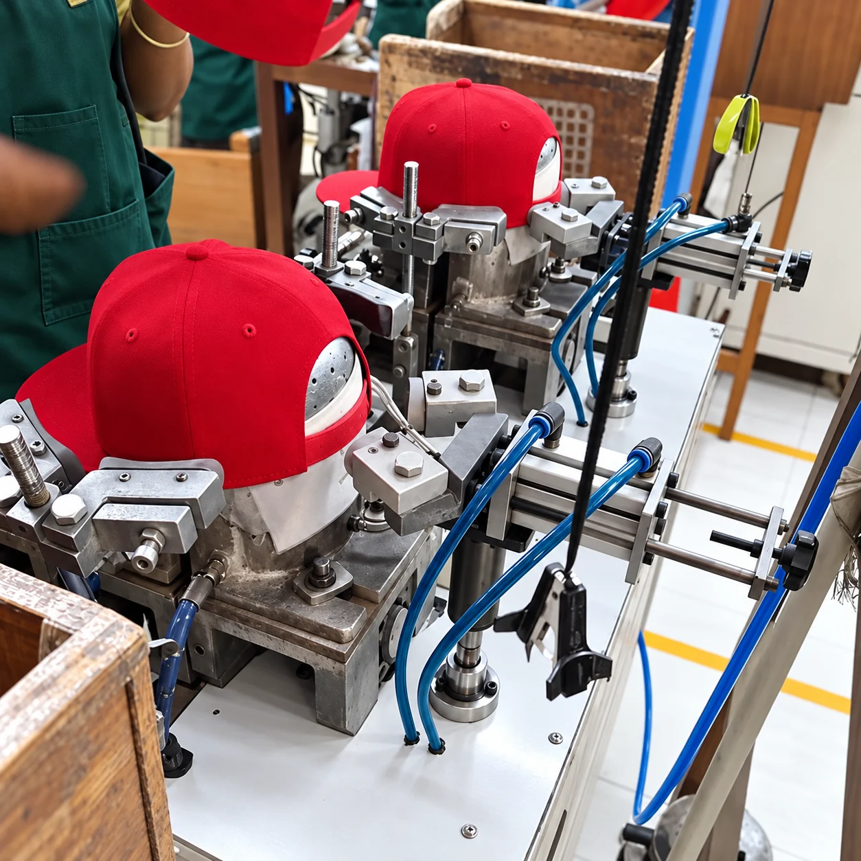 Red caps being shaped on production equipment in the Wenext Caps factory