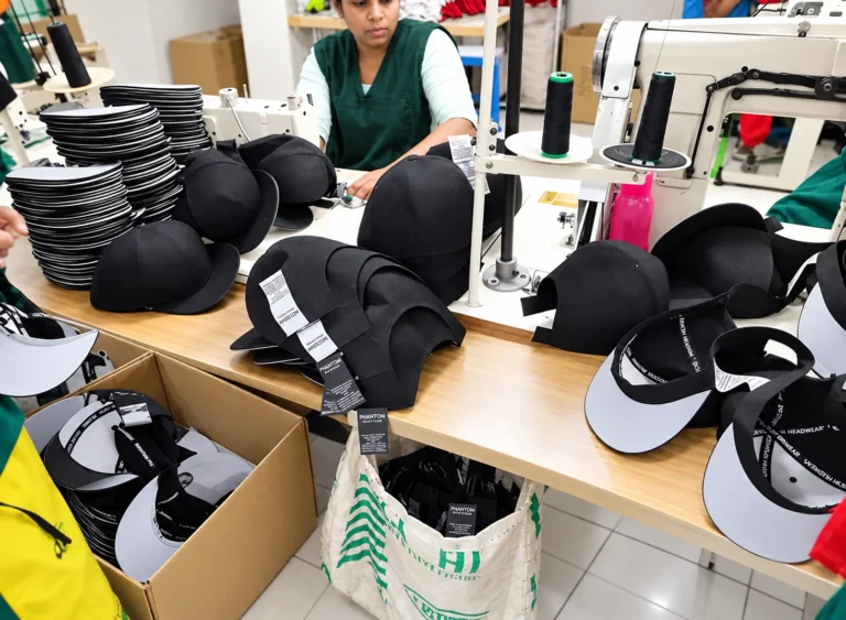 Caps and label components beside sewing machines at a worktable, with a worker in a green apron