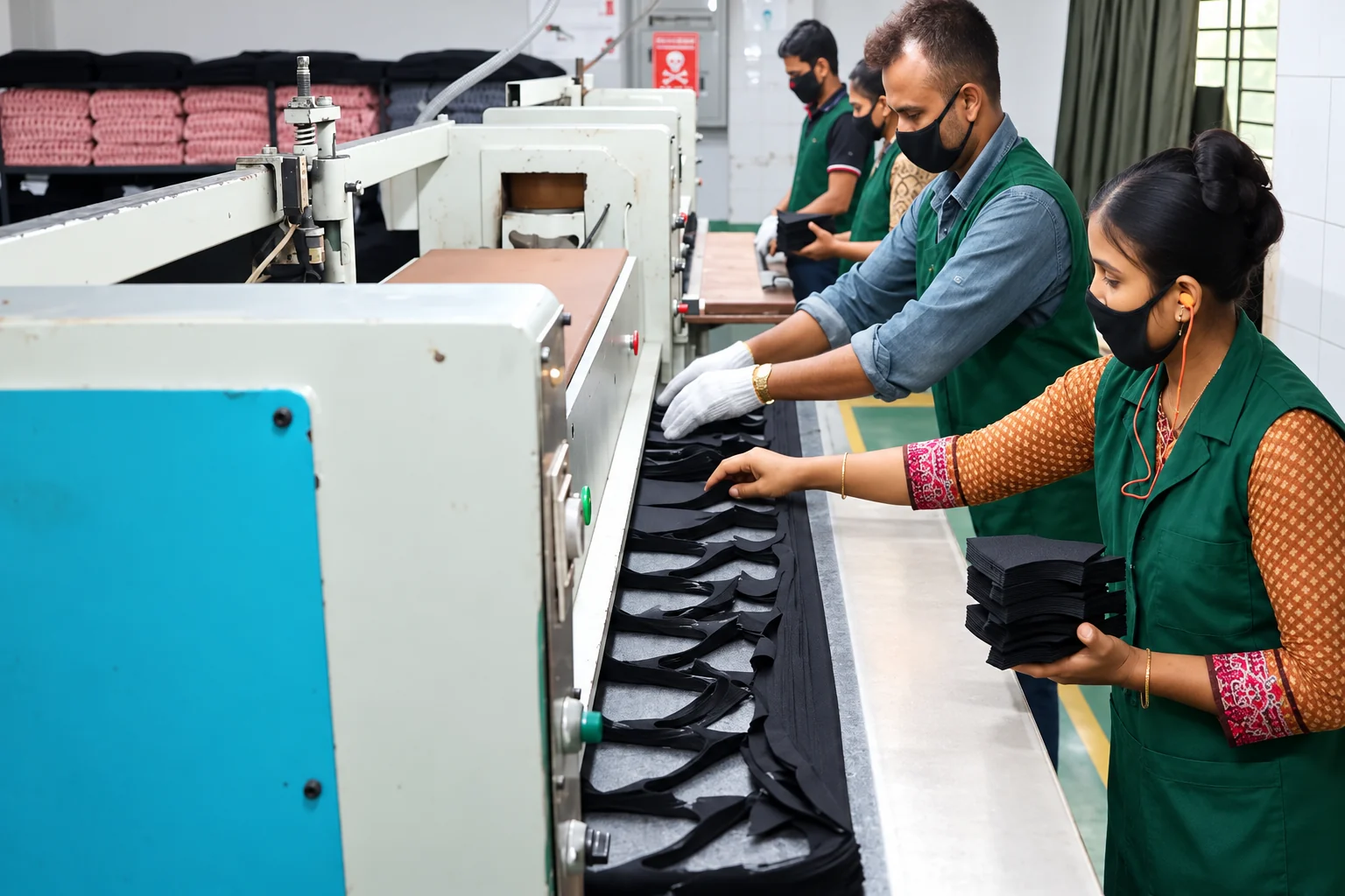 Fabric panel preparation at Wenext Caps with green uniformed staff