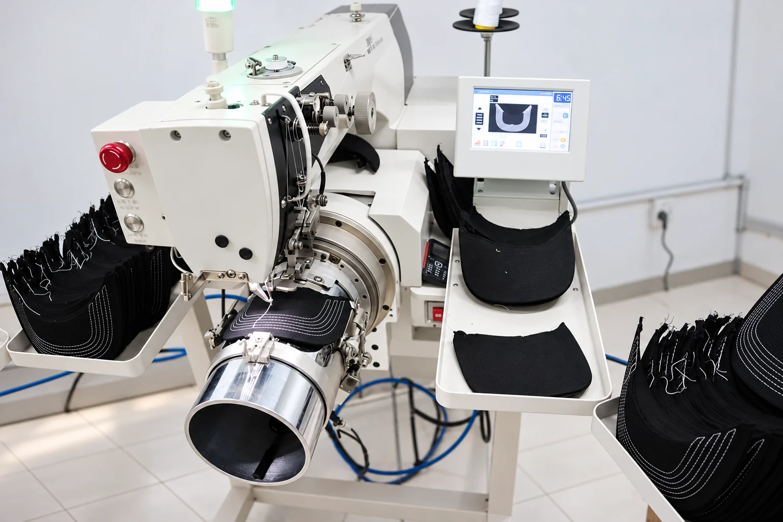 Machine stitching rows onto black cap visors in a tidy Wenext Caps work area