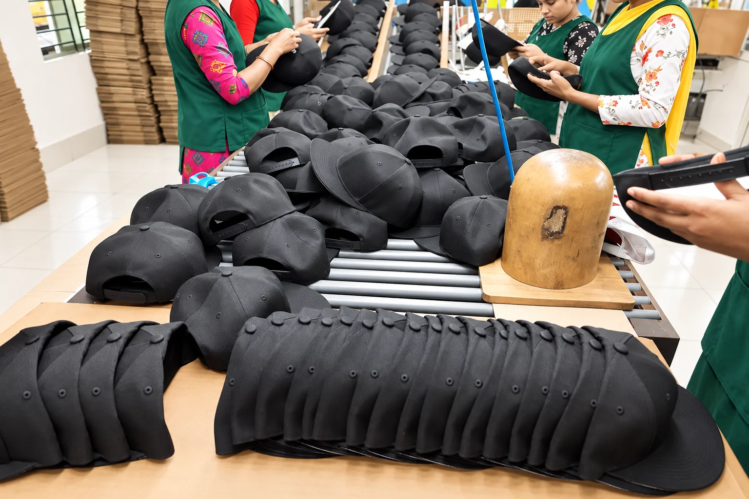 Workers in green aprons checking black caps on the factory finishing line