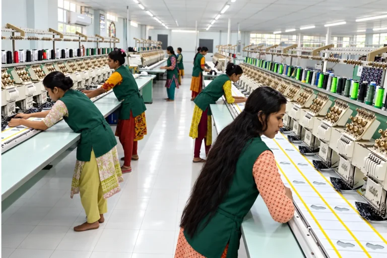 Workers in green aprons in an embroidery production work area
