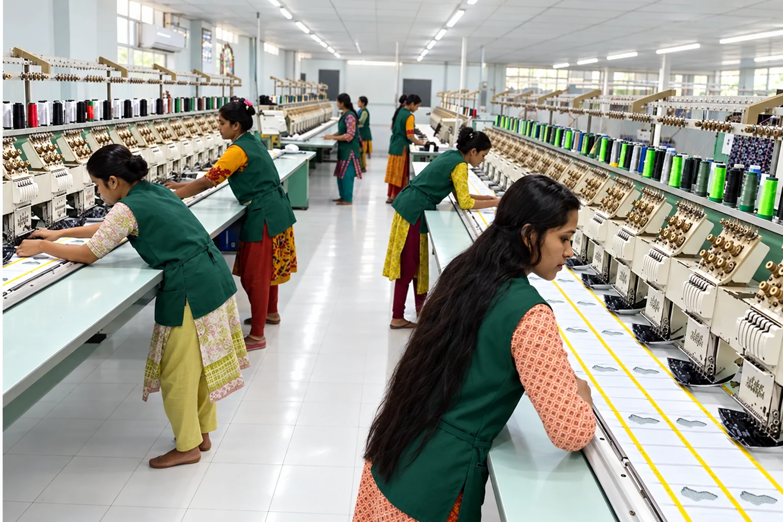 Workers in green aprons in an embroidery production work area