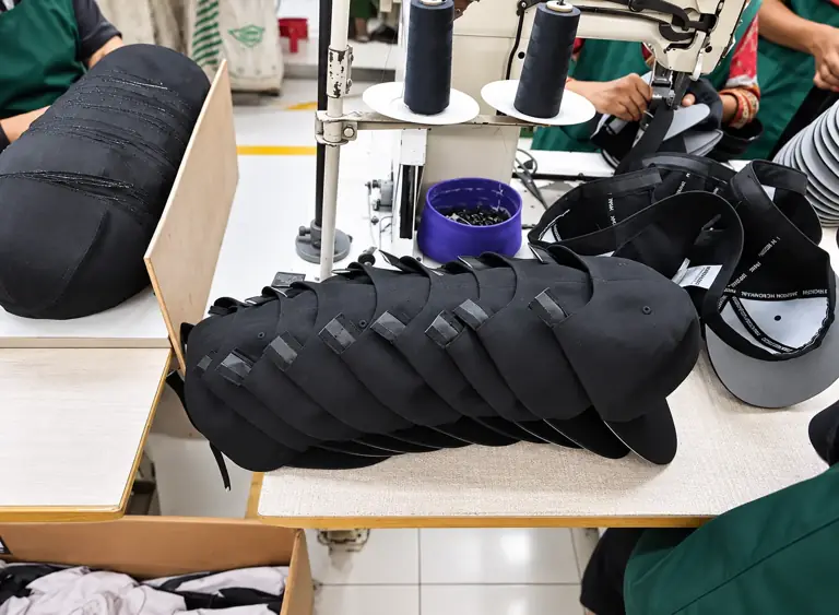 Cap components at a factory workstation with workers in green aprons