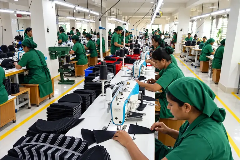 Cap factory work area with workers in green aprons and organized production stations