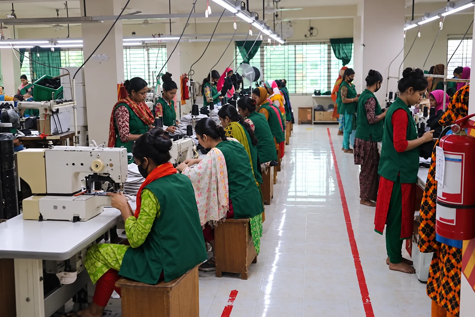 Cap production workstations with employees in green aprons inside the Wenext Caps factory